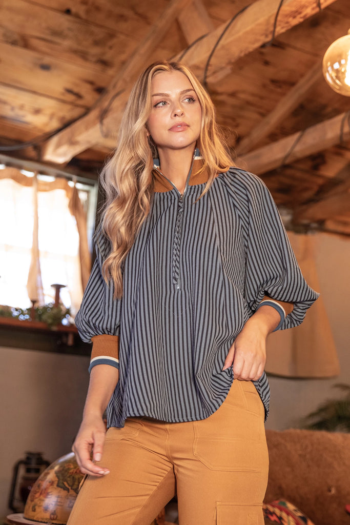 Navy Brown Half Zip Top