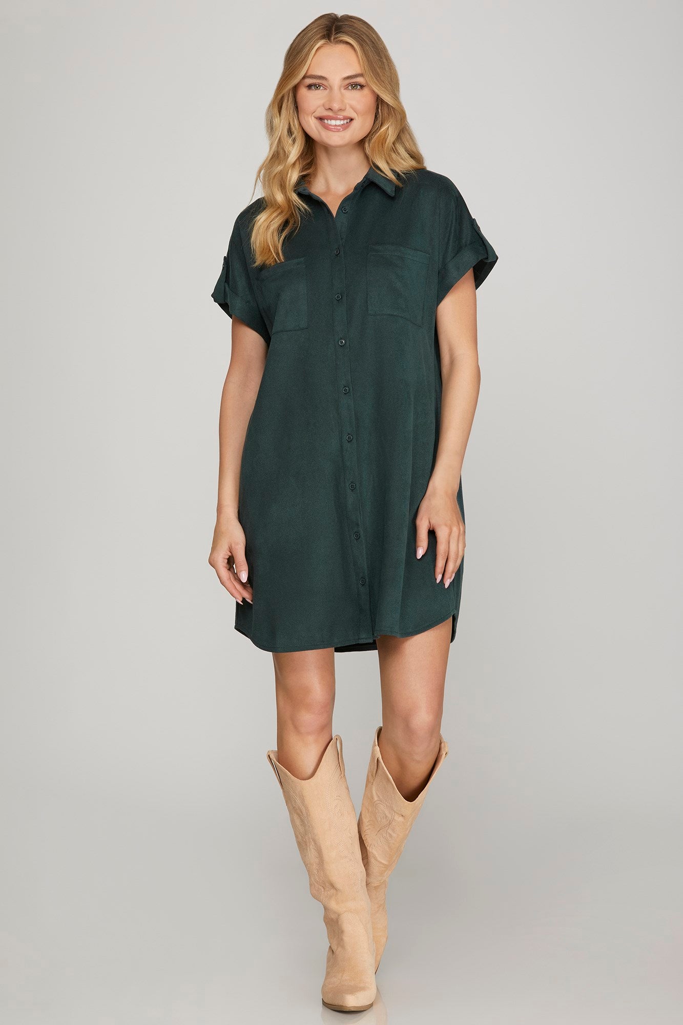 suede shirt dress Women's Button-Up Mini Shirtdress in - Size 2 Maxi length57 1/2 length from highest point of shoulder on size 18Stretch knit sweater yarn Faux Suede Shirt Dress |