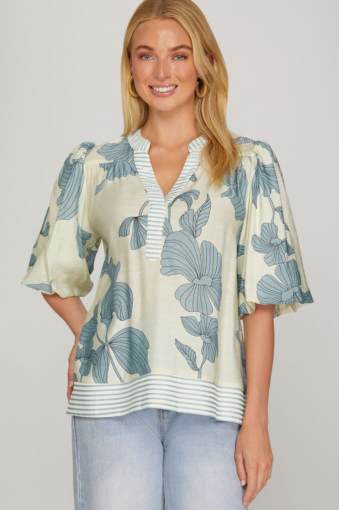Blue Floral Stripe Bubble Top