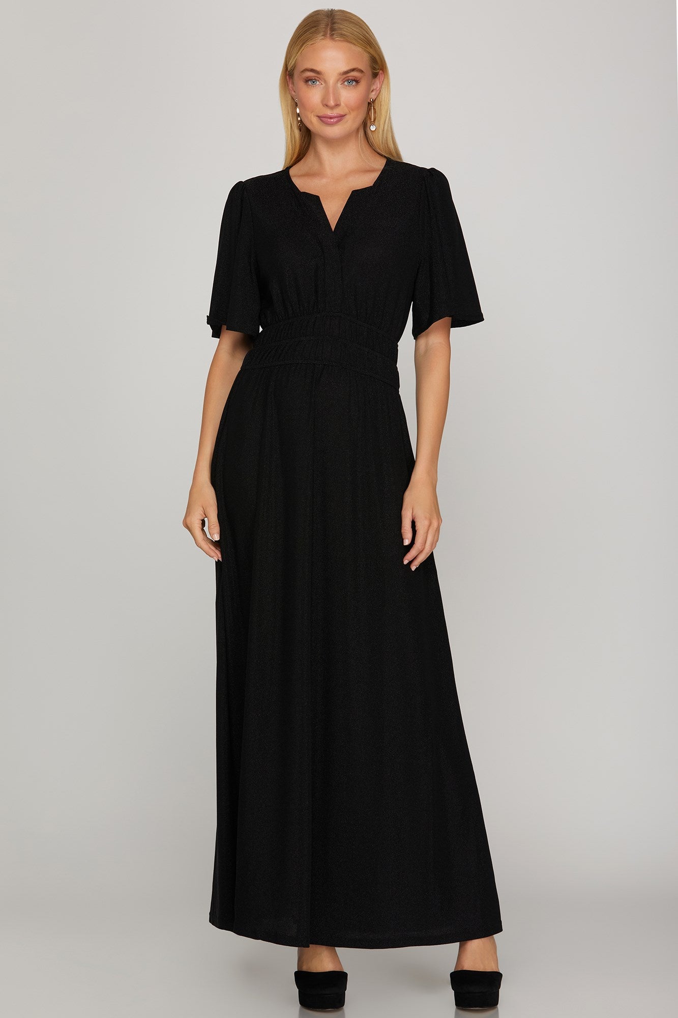 black metallic maxi dress Black Metallic Ruched One Shoulder Open Back Maxi Dress
