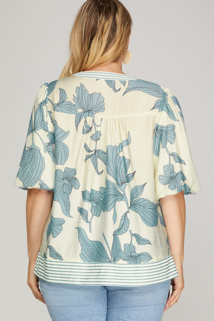 Blue Floral Stripe Bubble Top