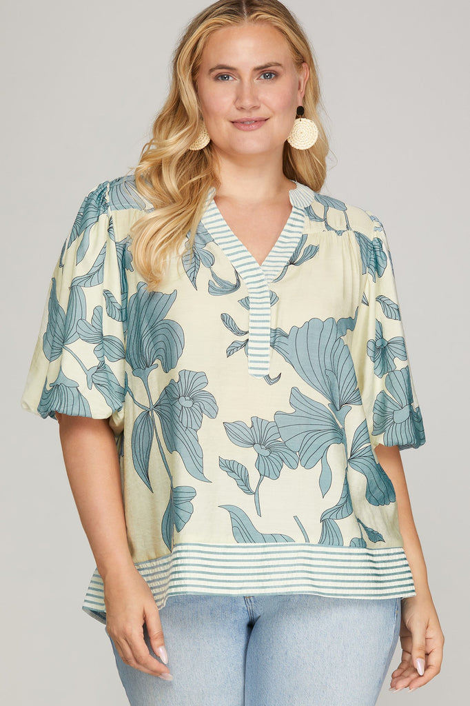 Blue Floral Stripe Bubble Top