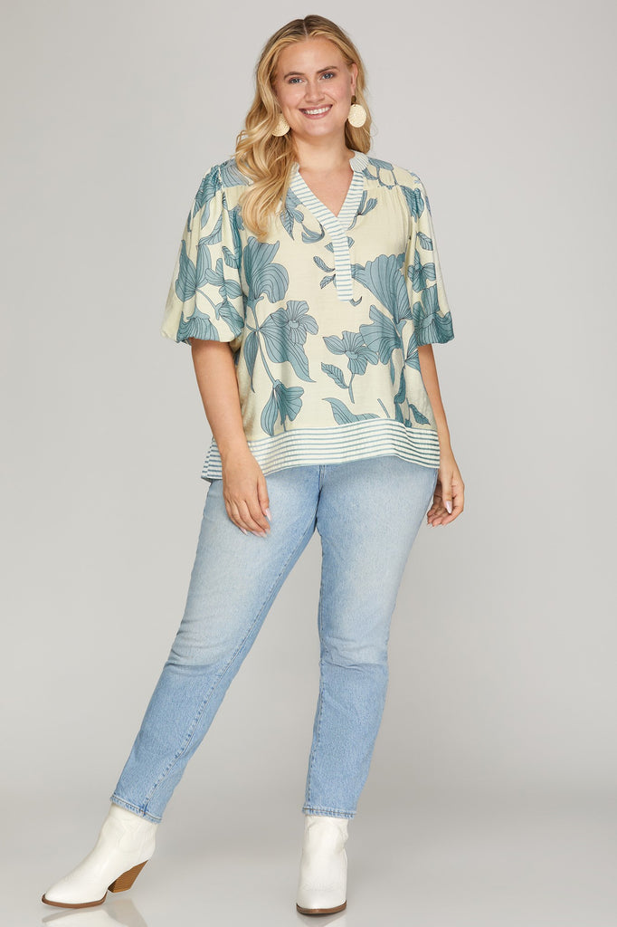 Blue Floral Stripe Bubble Top