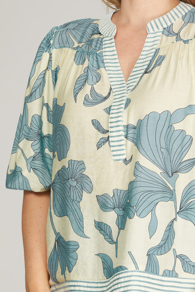 Blue Floral Stripe Bubble Top