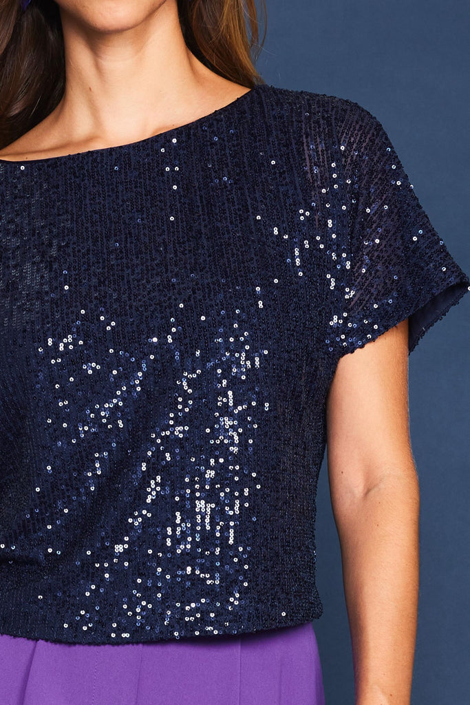 Navy Sequin Batwing Top