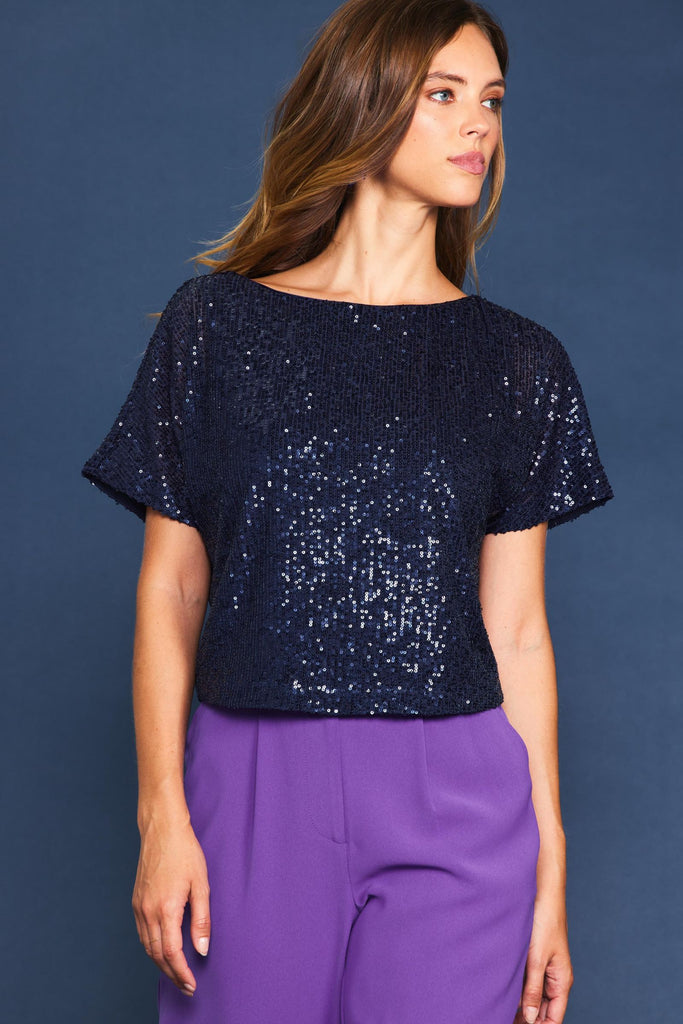 Navy Sequin Batwing Top