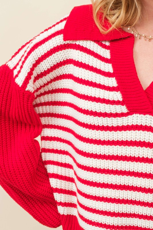 Red & White Striped Collared Sweater