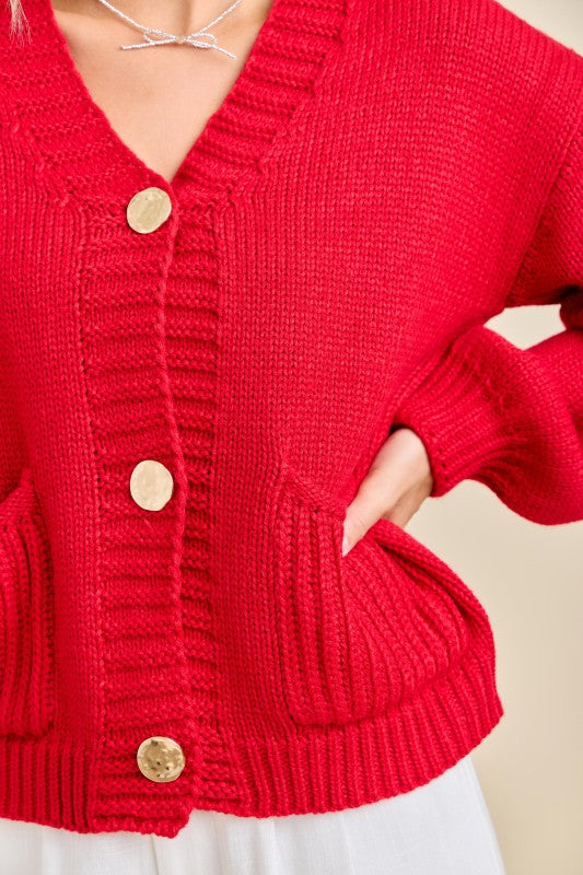Red Chunky Button Cardigan