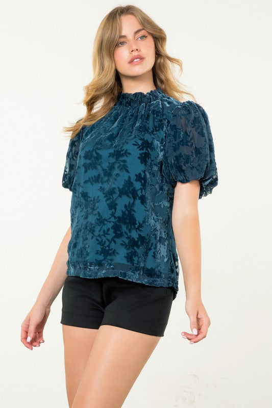 Floral Velvet Burnout Puff Sleeve Top