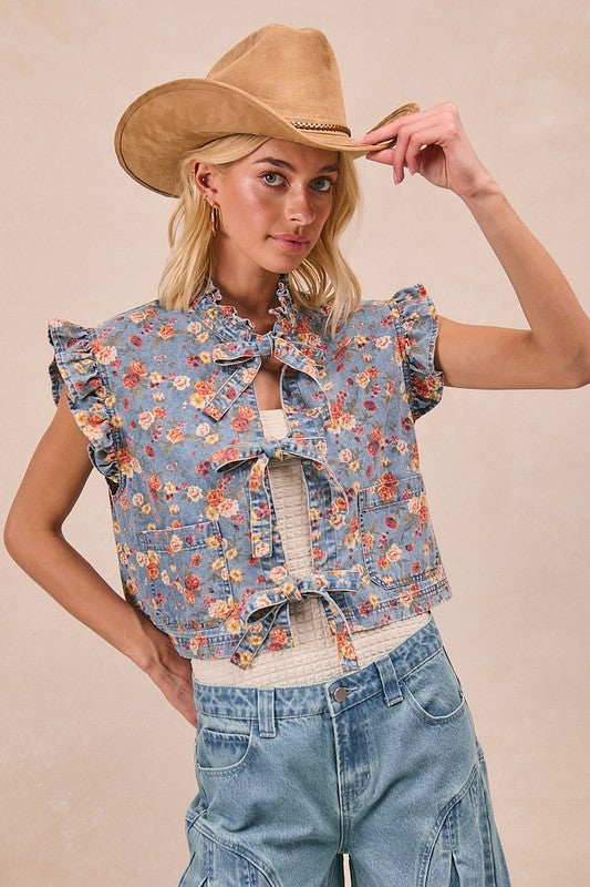 Denim Floral Tie Vest