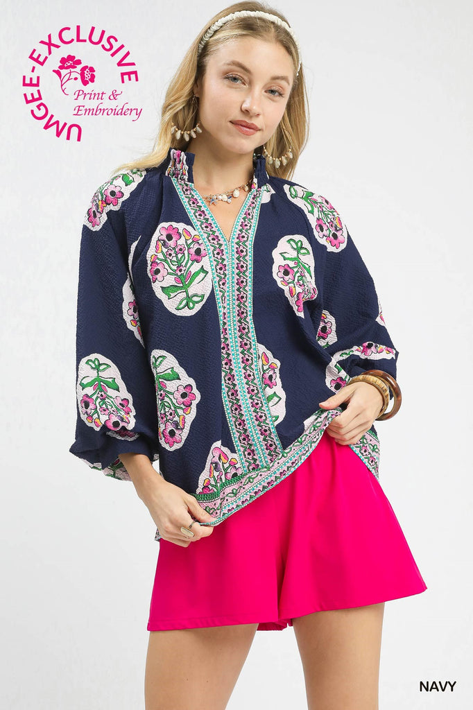 Navy Pink Floral Placket Detail Top