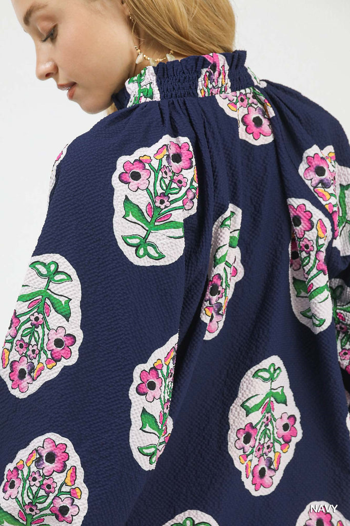 Navy Pink Floral Placket Detail Top