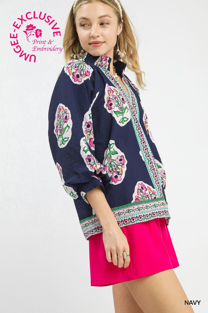 Navy Pink Floral Placket Detail Top