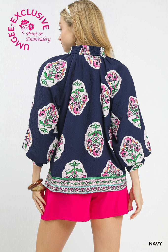 Navy Pink Floral Placket Detail Top