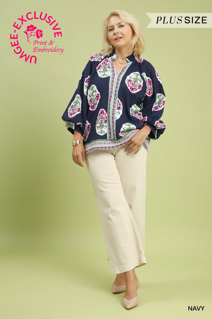 Navy Pink Floral Placket Detail Top