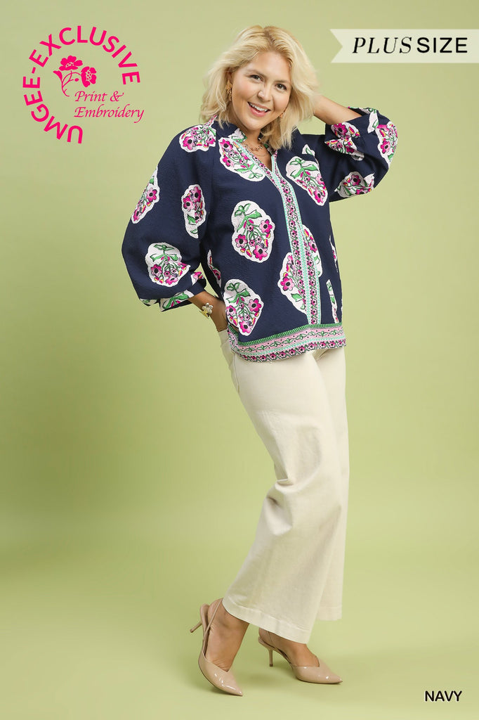 Navy Pink Floral Placket Detail Top