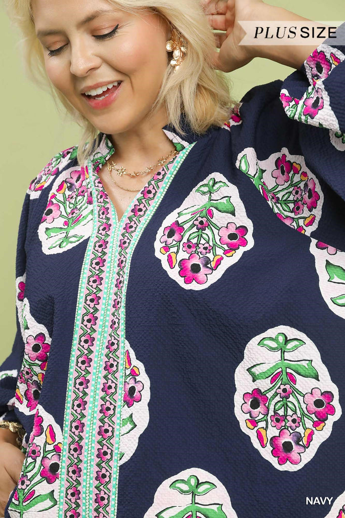 Navy Pink Floral Placket Detail Top