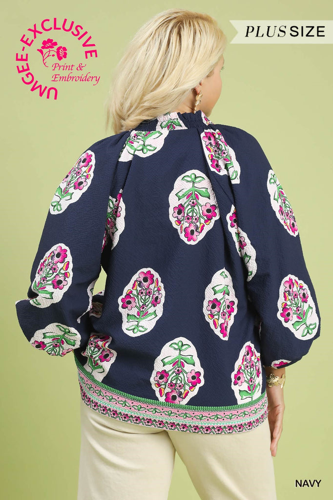 Navy Pink Floral Placket Detail Top