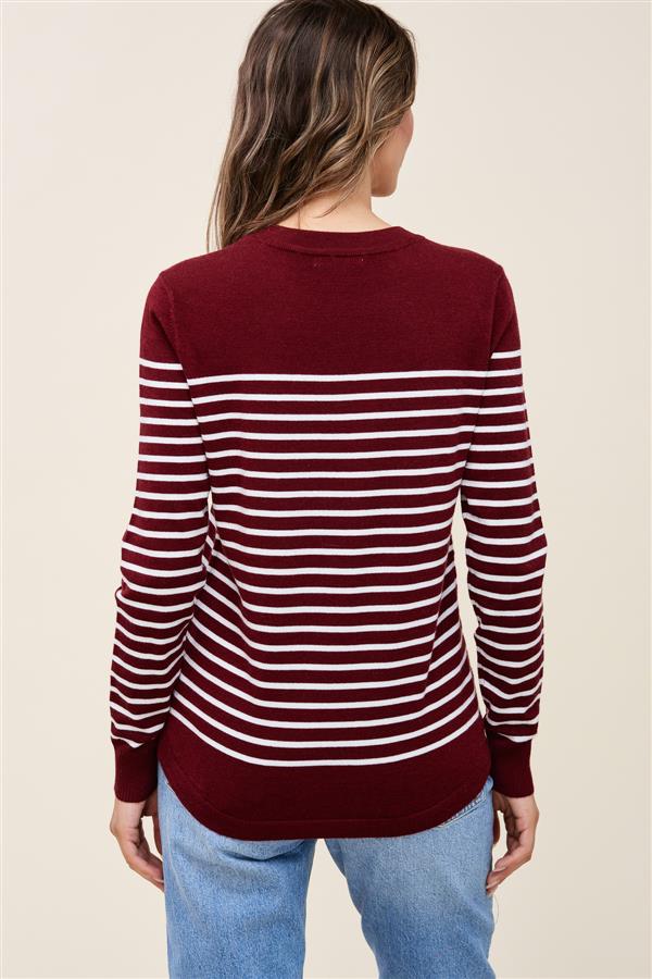 Burgundy Button Detail Striped Sweater