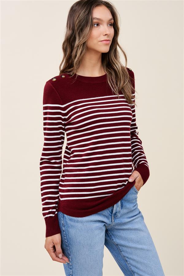 Burgundy Button Detail Striped Sweater