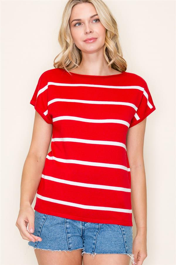 Red Stripe Cap Sleeve Sweater