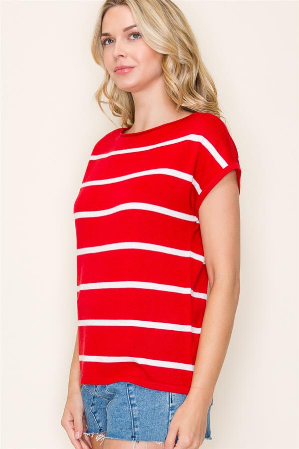 Red Stripe Cap Sleeve Sweater