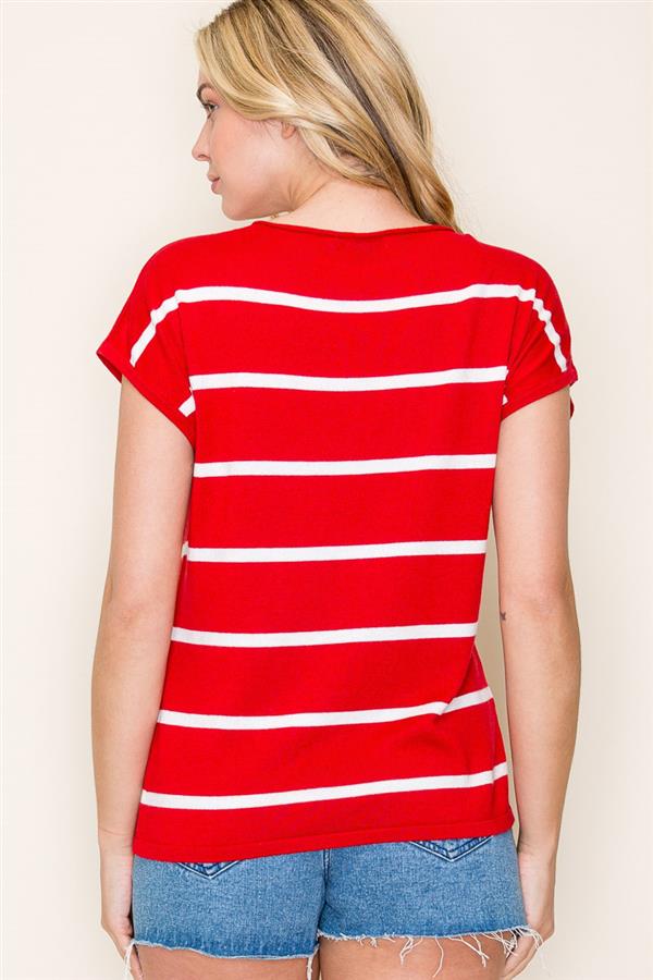 Red Stripe Cap Sleeve Sweater