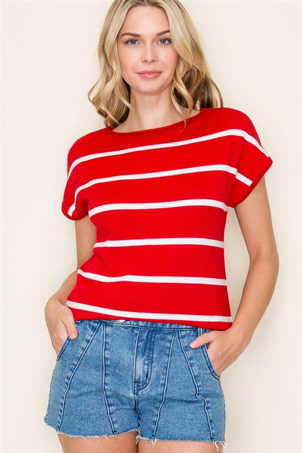 Red Stripe Cap Sleeve Sweater