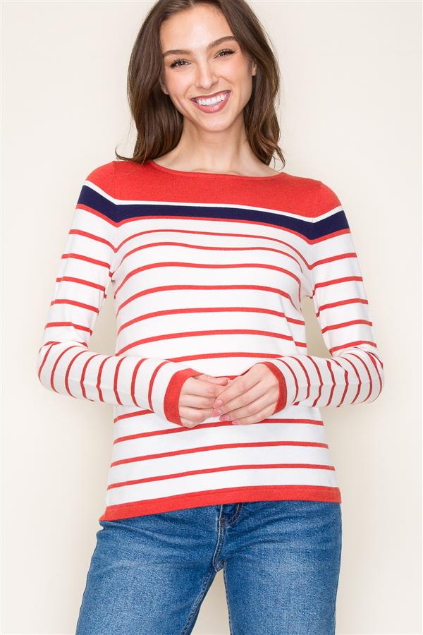 Red White Navy Block Striped Sweater