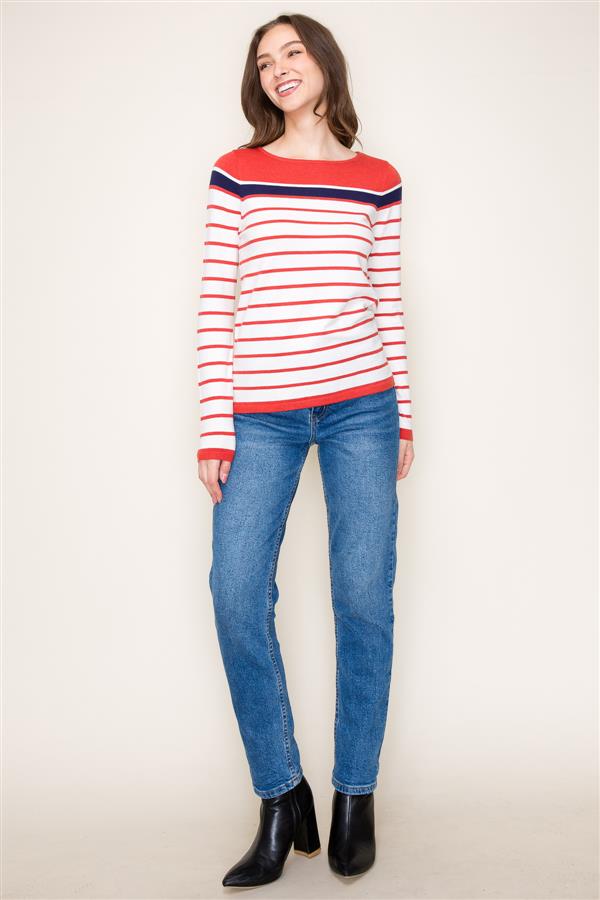 Red White Navy Block Striped Sweater