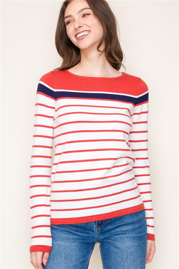 Red White Navy Block Striped Sweater