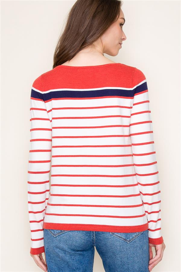 Red White Navy Block Striped Sweater