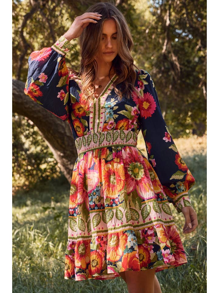 Navy Bold Floral Long Sleeve Dress