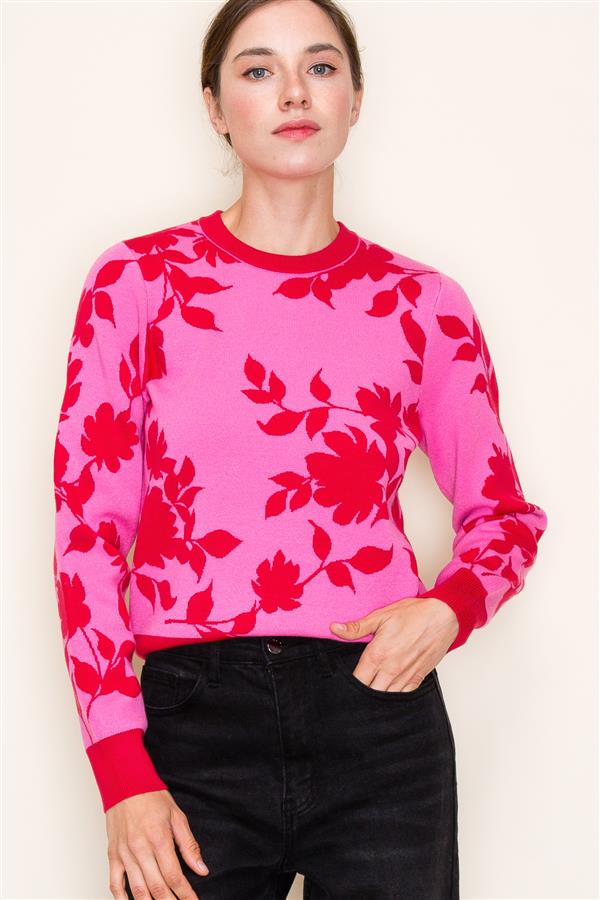 Pink Red Floral Sweater