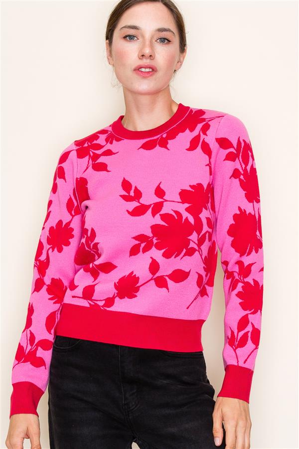 Pink Red Floral Sweater