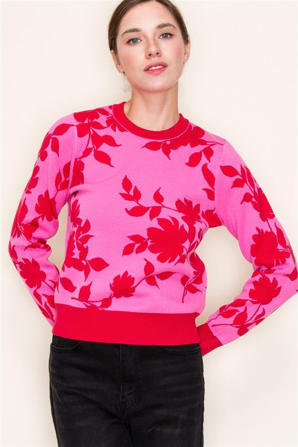 Pink Red Floral Sweater