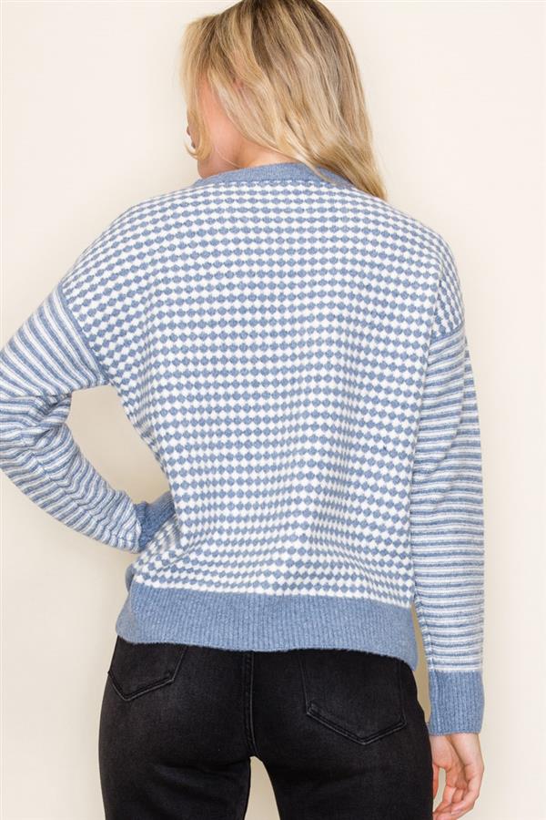 Slate Blue Checkboard Striped Sweater