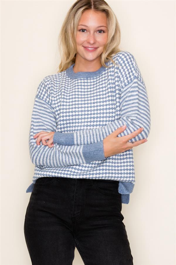 Slate Blue Checkboard Striped Sweater