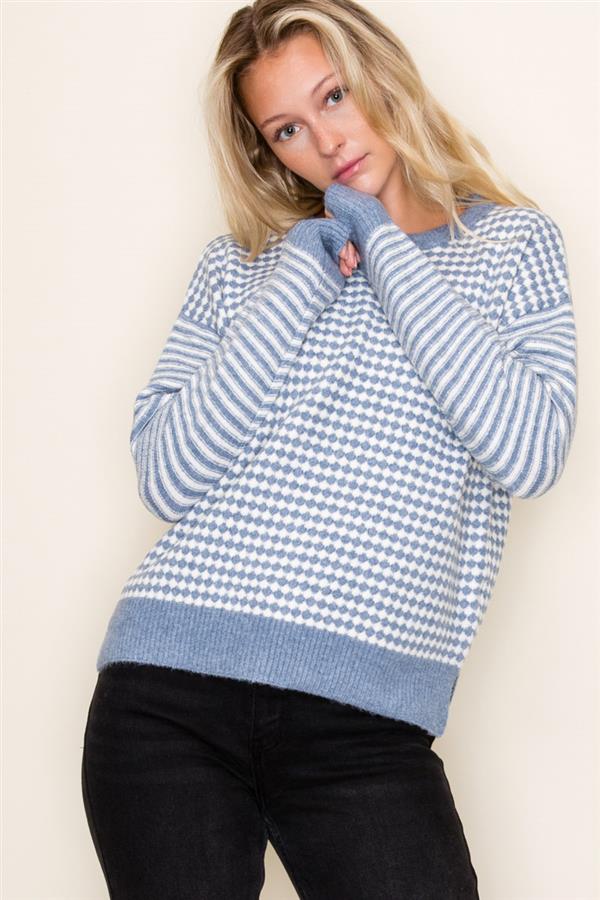 Slate Blue Checkboard Striped Sweater