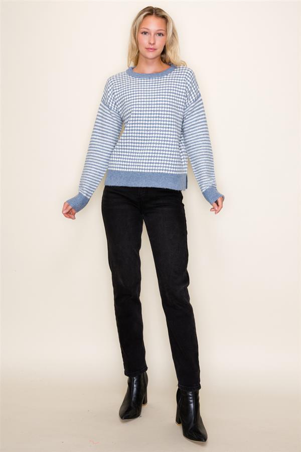 Slate Blue Checkboard Striped Sweater