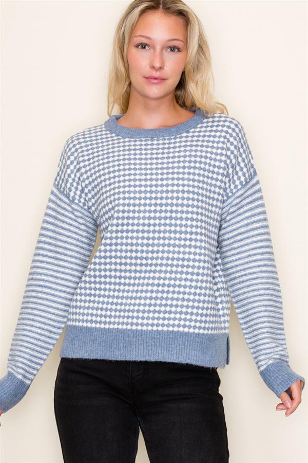 Slate Blue Checkboard Striped Sweater
