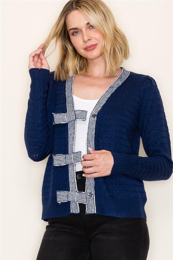 Navy Stripe Bow Cardigan Sweater