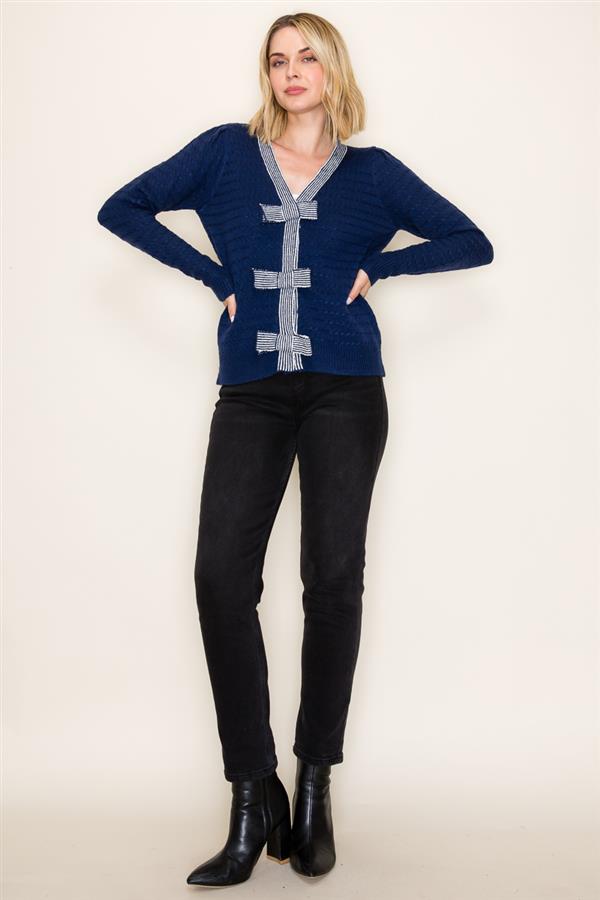 Navy Stripe Bow Cardigan Sweater