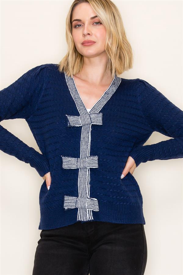 Navy Stripe Bow Cardigan Sweater