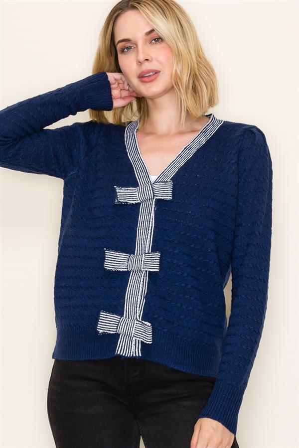 Navy Stripe Bow Cardigan Sweater