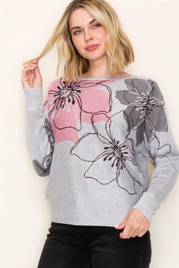 Grey Flower Jacquard Sweater