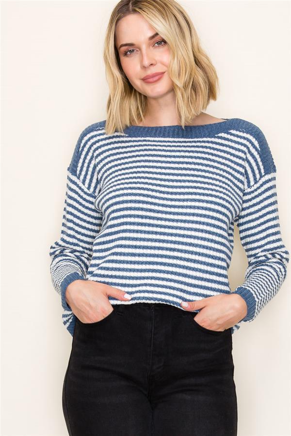 Denim Stripe Boat Neck Sweater