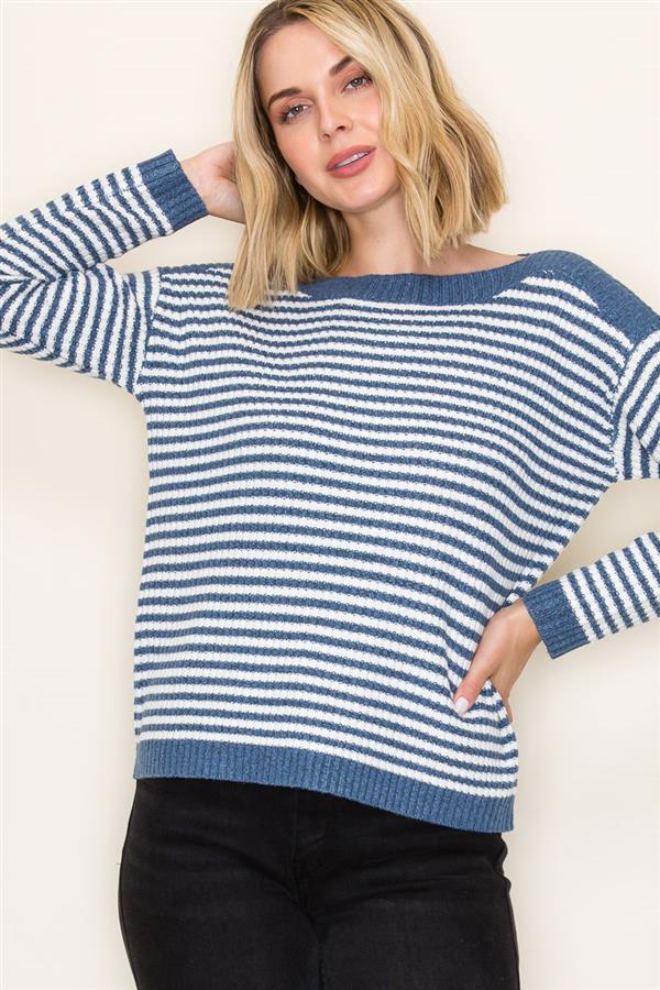Denim Stripe Boat Neck Sweater