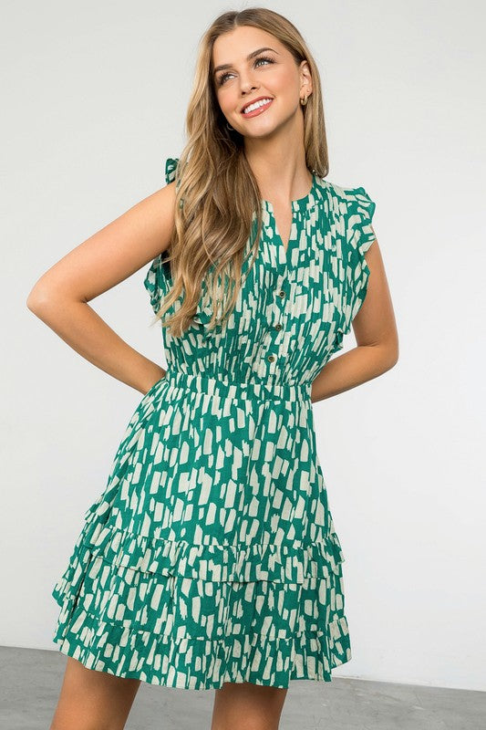 Green Abstract Ruffle Dress