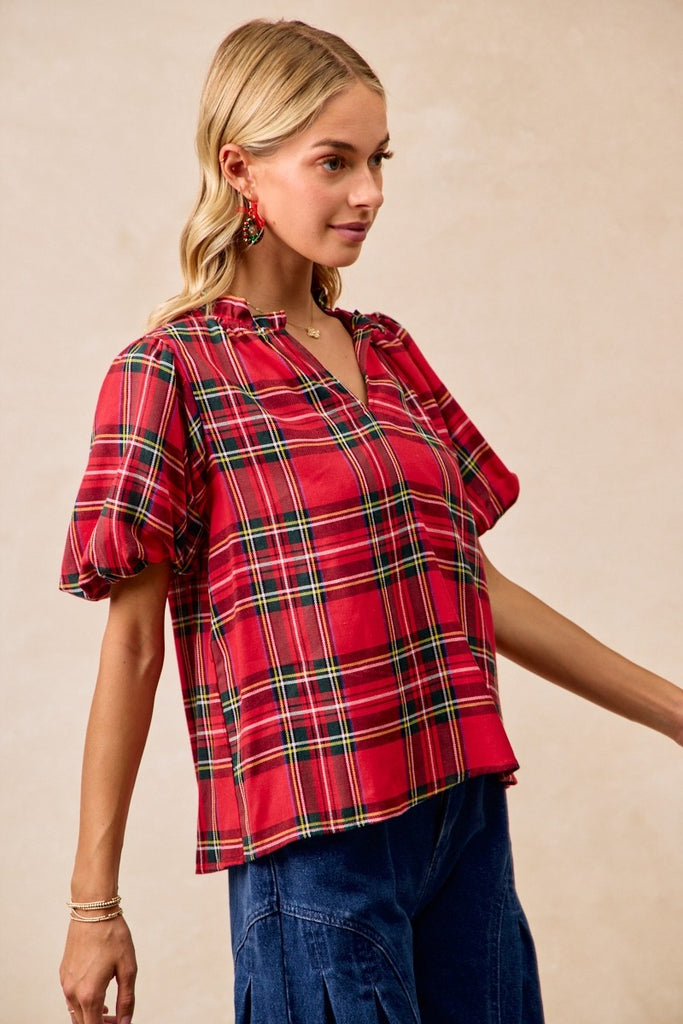 Red Plaid Puff Sleeve Top